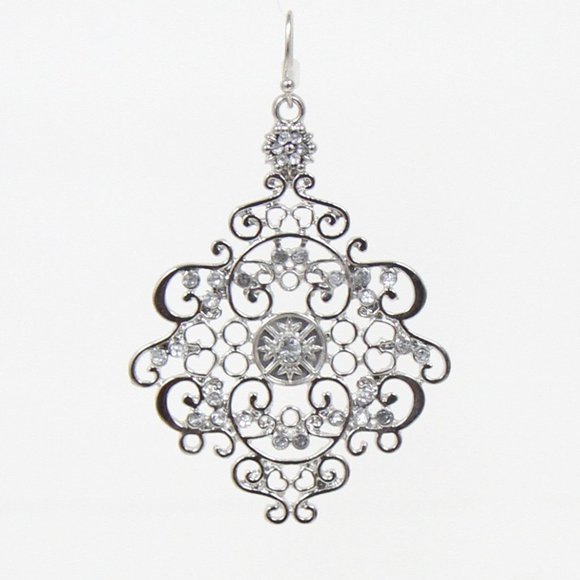 Bijou silver Filigree thin light weight fish hook earring with rhinestones - Picture 1 of 5